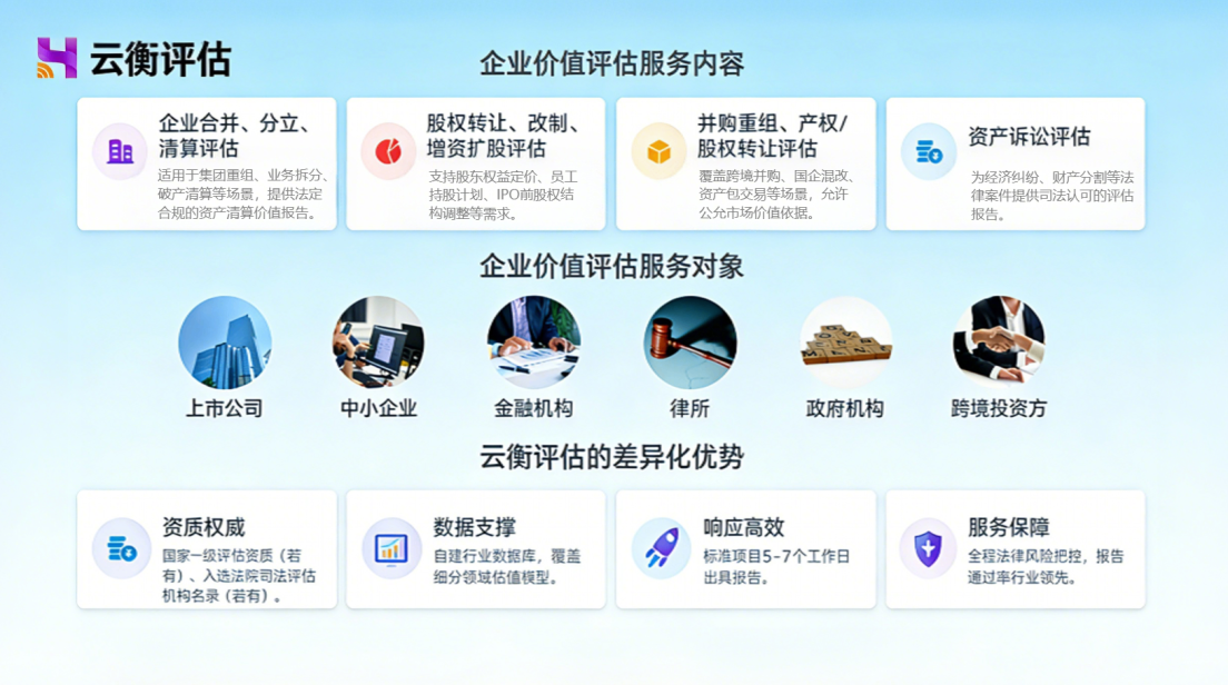 云衡评估企业价值评估内容、服务对象和差异化优势