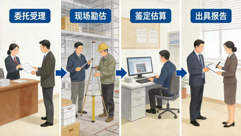 描绘资产诉讼评估的标准化流程，从委托受理、现场勘估、鉴定估算到出具报告